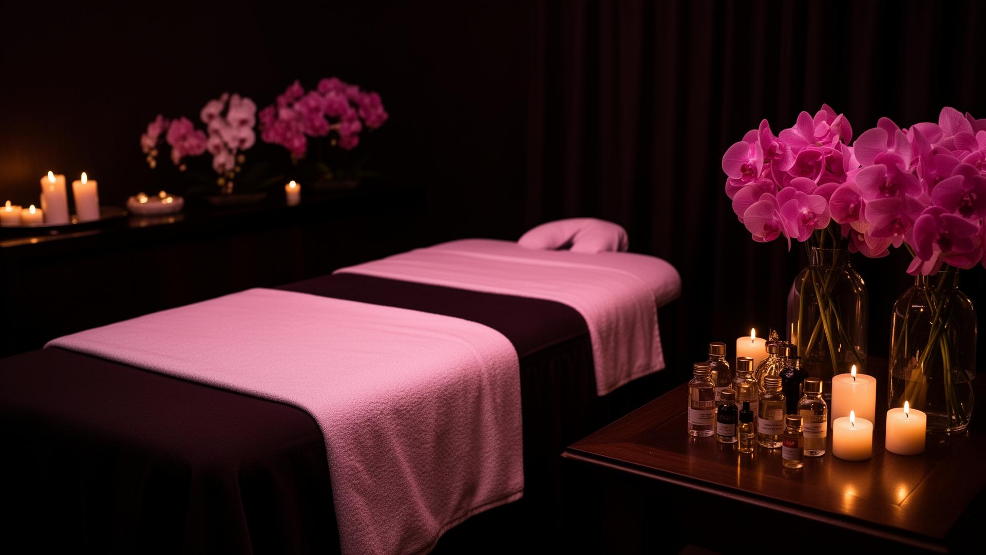 Luxuriöses dunkles Spa mit Kerzen und Orchideen